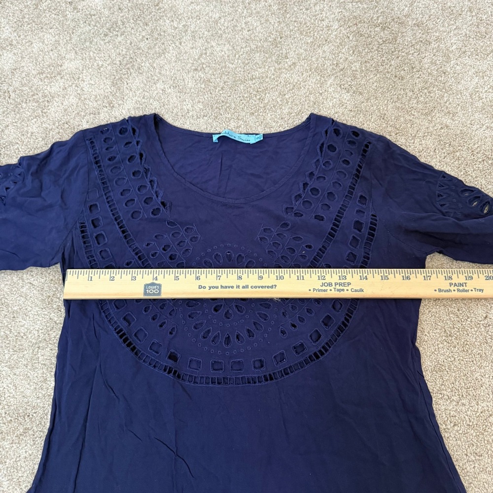 Solitaire Swim Navy Blue Eyelet Lace 3/4 Sleeve Tunic Top Women M Resortwear - Picture 7 of 11